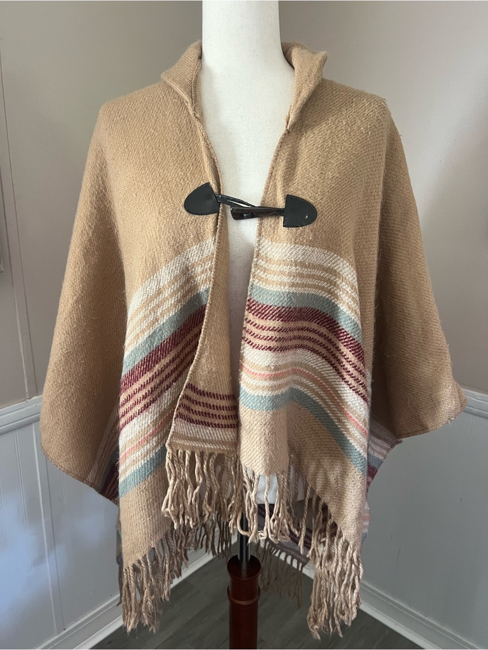 Saks Fifth Avenue Tan Fringe Stripe Toggle Poncho
